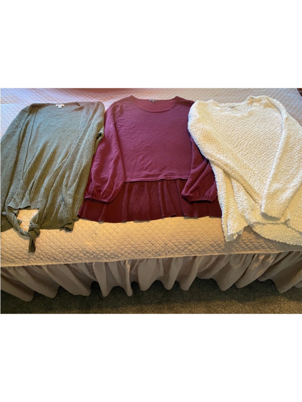 Cozy Trio: Olive Green Tie-Hem, Burgundy Peplum, Cream Fuzzy Sweater